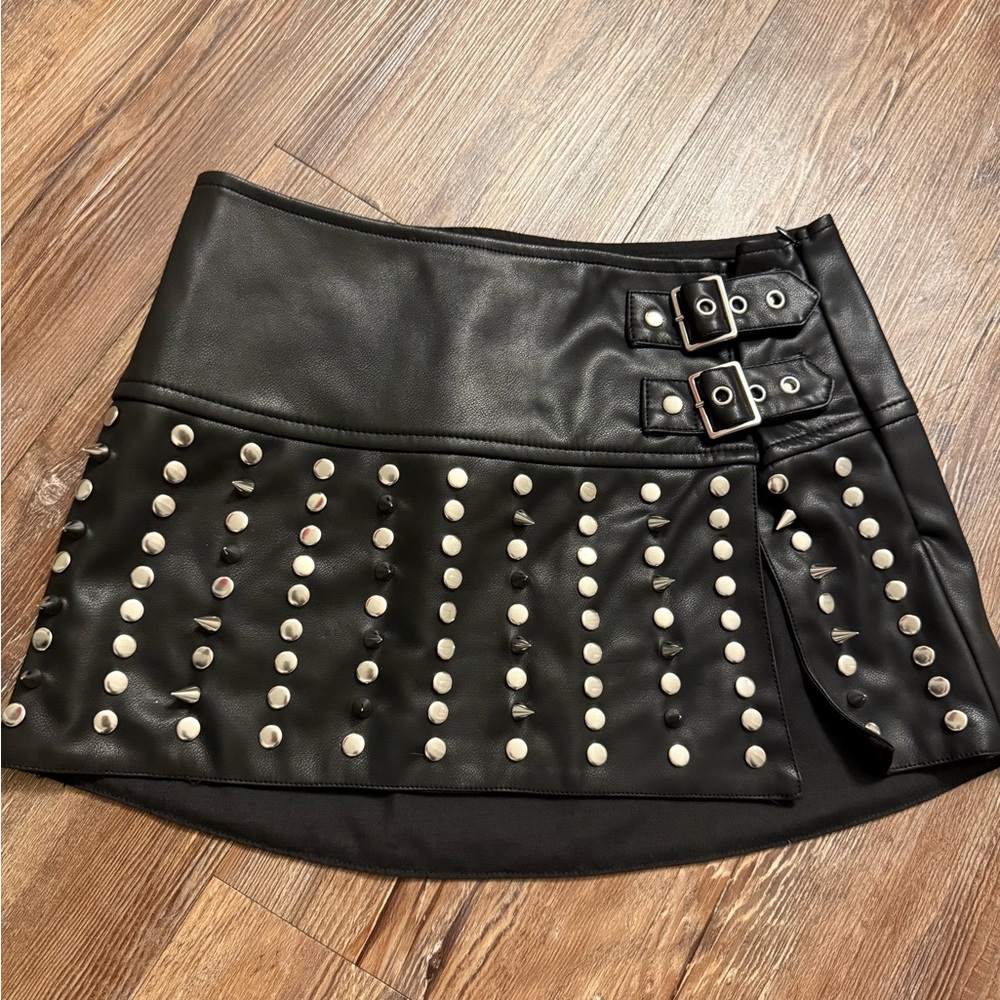 Current mood leather black spiked studded mini skirt